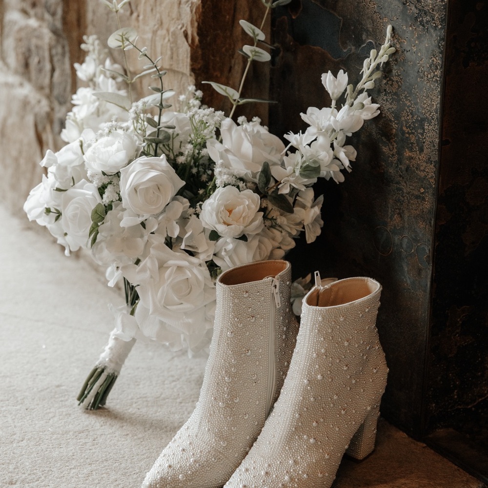 Betsey Johnson White Ankle Boots with Pearl Detailing